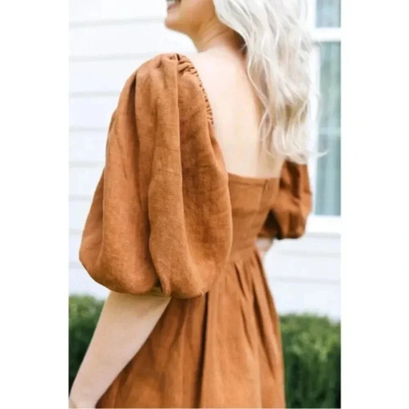 Sézane Carlie Dress Linen Puff Sleeve In Camel - Picture 3 of 9